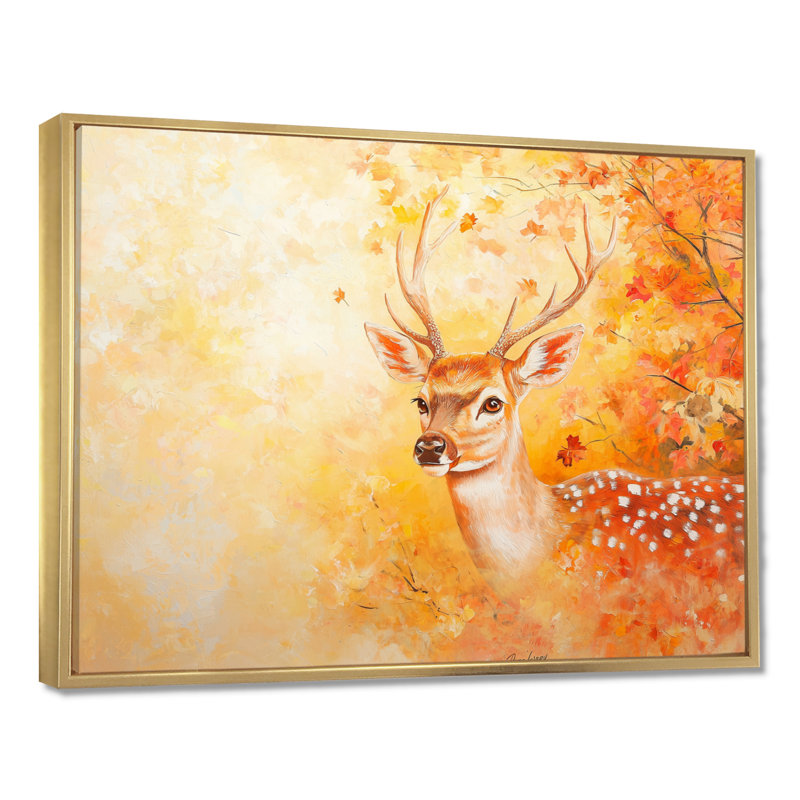 Cerf dans un feuillage d'automne - art mural cerf, Impression dans un cadre flottant sans passe-parto, H 24 po x l 32 po