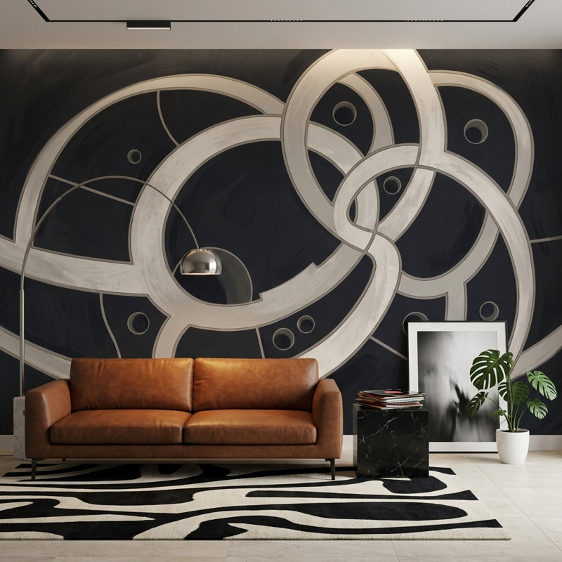 Papier peint anneaux géométriques cercles imbriqués sur fond noir amovible, 100 po x 96 po, Peler et coller