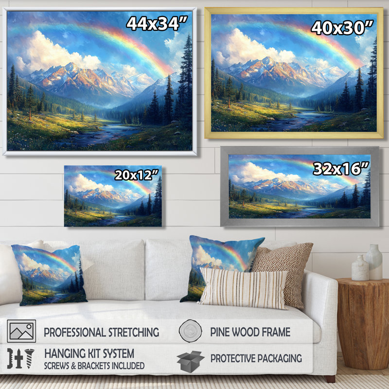 Rainbow Over The Rocky Mountains - Rainbow Canvas, art mural, H 24 po x l 32 po, Cadre simple argenté
