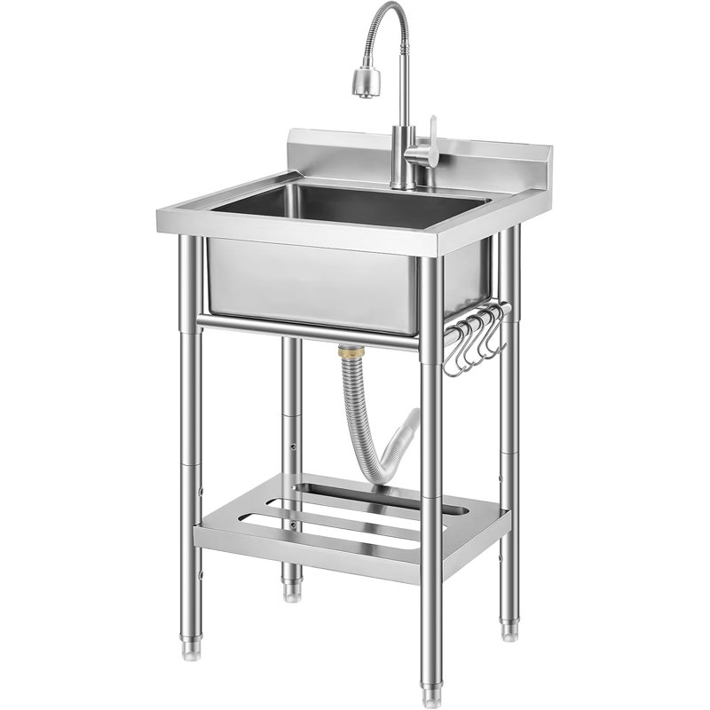 Stainless Steel Utility Sink, Free Standing Single Bowl Kitchen Sink, Adjustable Leg Height, with Faucet, Hot and Cold Water Pipes, Commercial Laundry Tub, Hook for Indoor Outdoor Farmhouse Use