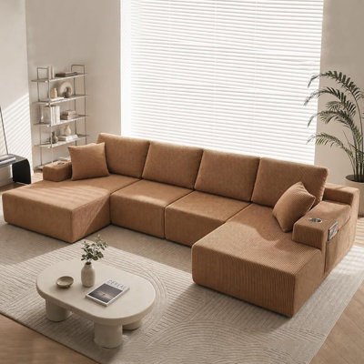 Canapé modulaire en forme de U de 130 po avec méridienne, siège modulaire en velours côtelé désossé pour le salon, canapé Cloud avec porte-gobelets et poches latérales, sans assemblage (brun)