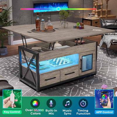 40"" Lift Top Coffee Table, 4 in 1 Coffee Tables with Storage Cabinet for Living Room, Small Farmhouse Coffee Table with 2 Fabric Drawers & LED Light f -  Ivy Bronx, 51F291CF29FA4038B8859E3E256B97CE