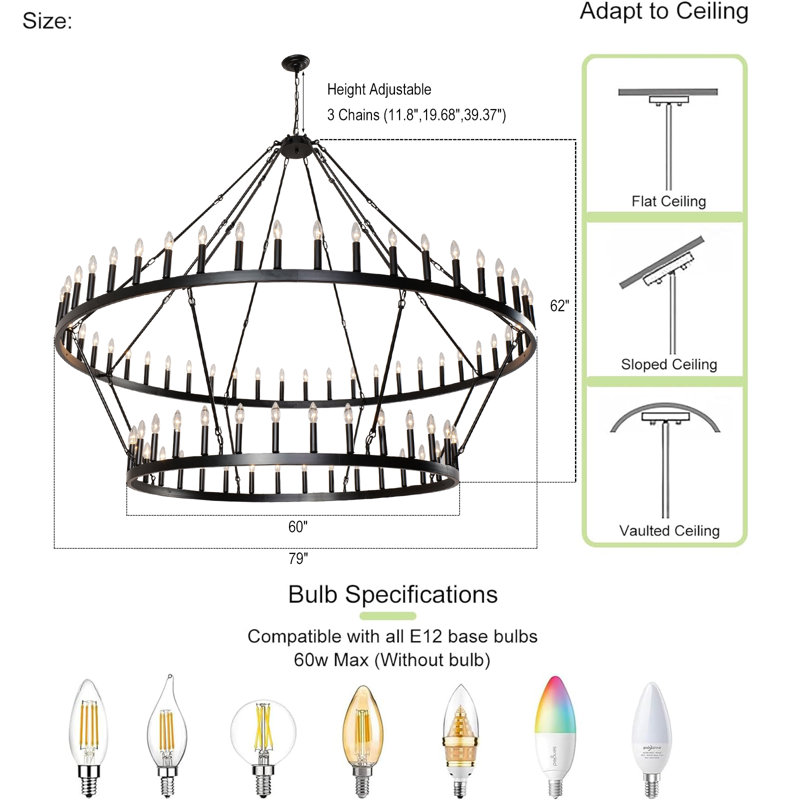 Lustre en roue de chariot Allaynah, H 62 po x l 78,74 po x P 78,74 po
