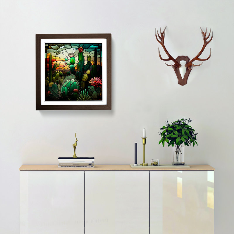 Cactus Stained Glass Effect - Framed Print, Walnut