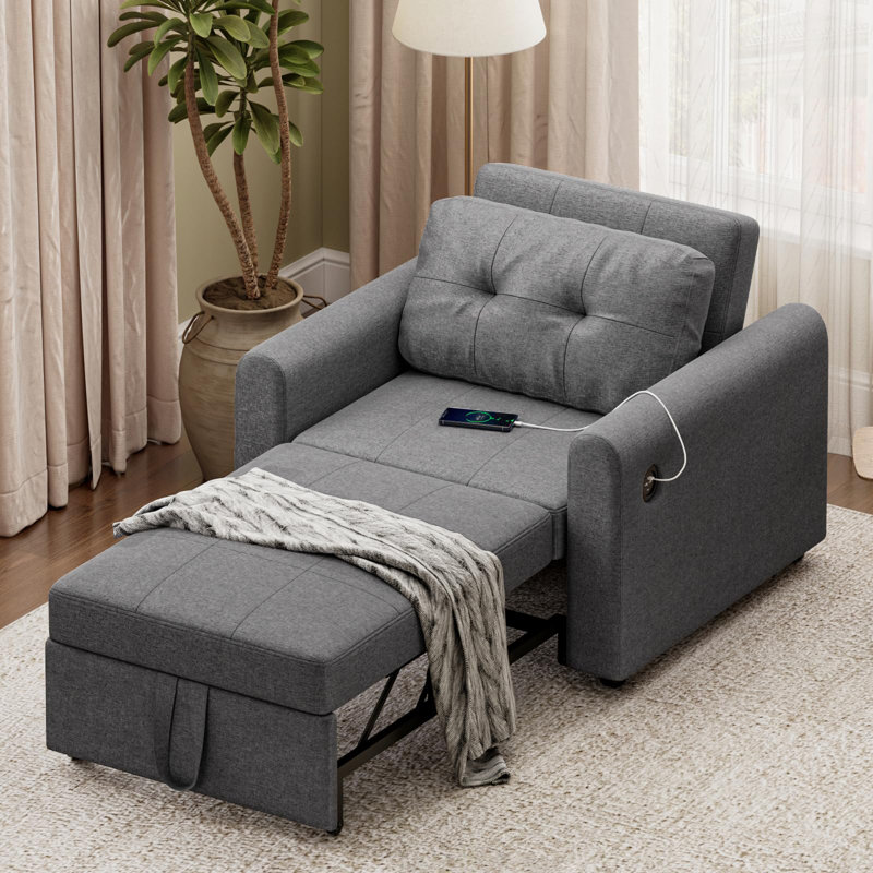 3 In 1 Accent Chairs Bed, Convertible Sleeper Chair Bed With Usb & Type-c Ports, Side Pocket, Pull Out Accent Chairs Bed Linen Armchair With Adjustable Backrest For Living Room/apartment/small Space
