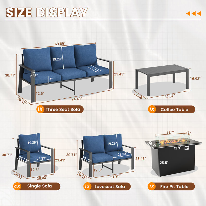 Grand 9-Person Conversation Set in Aluminum with Coffee Table - Classic Outdoor Seating, Navy, Yes