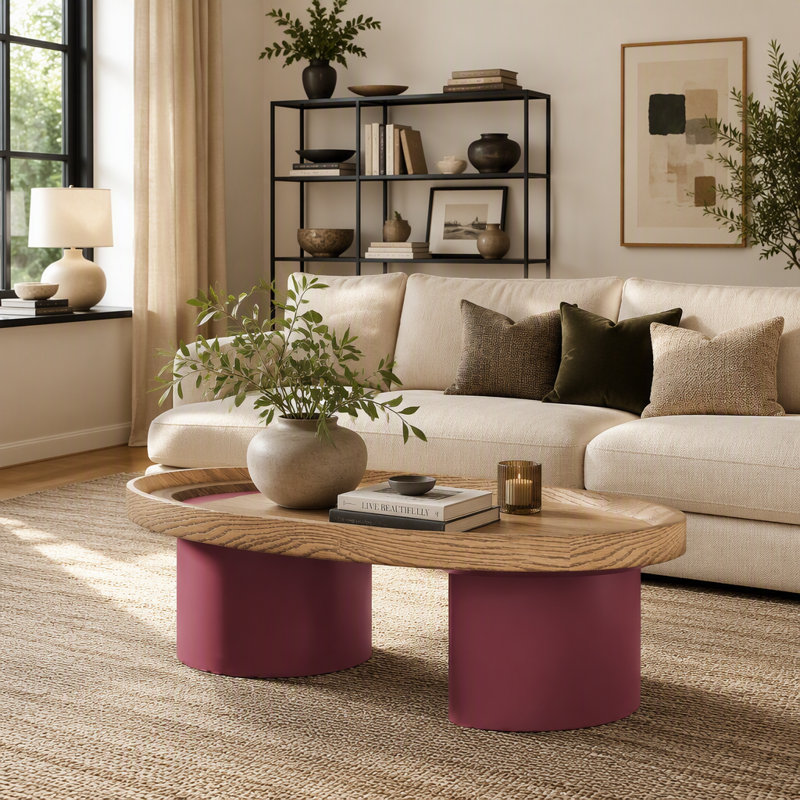 Table basse ovale en bois avec plateau en noyer, pattes rouges et rangement dissimulé