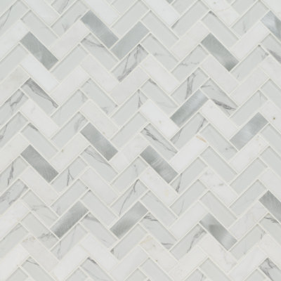 Bytle Bianco Herringbone 12" x 12" Stone/Glass/Metal Mosaic Sheet Wall Tile