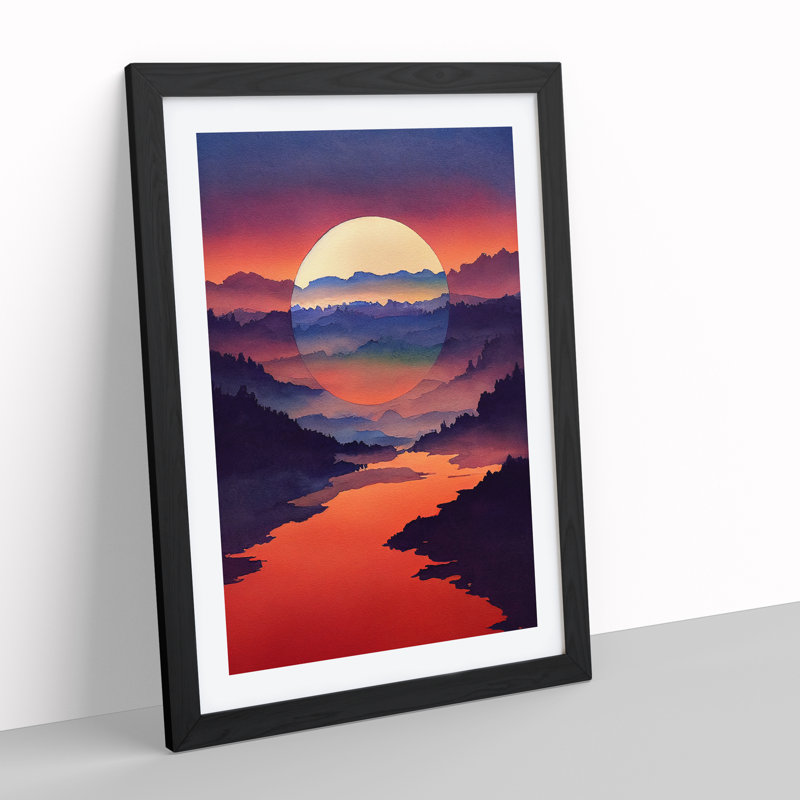 Sunset Lake No.4 - Single Picture Frame Painting, 64cm H x 46cm W x 2cm D, Black