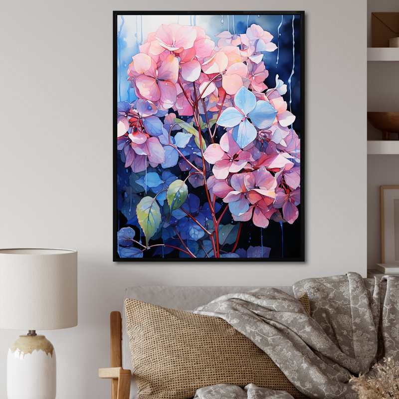 Hortensias bleus et mauves I, Cadre flottant noir, H 32 po x l 16 po x P 1 po
