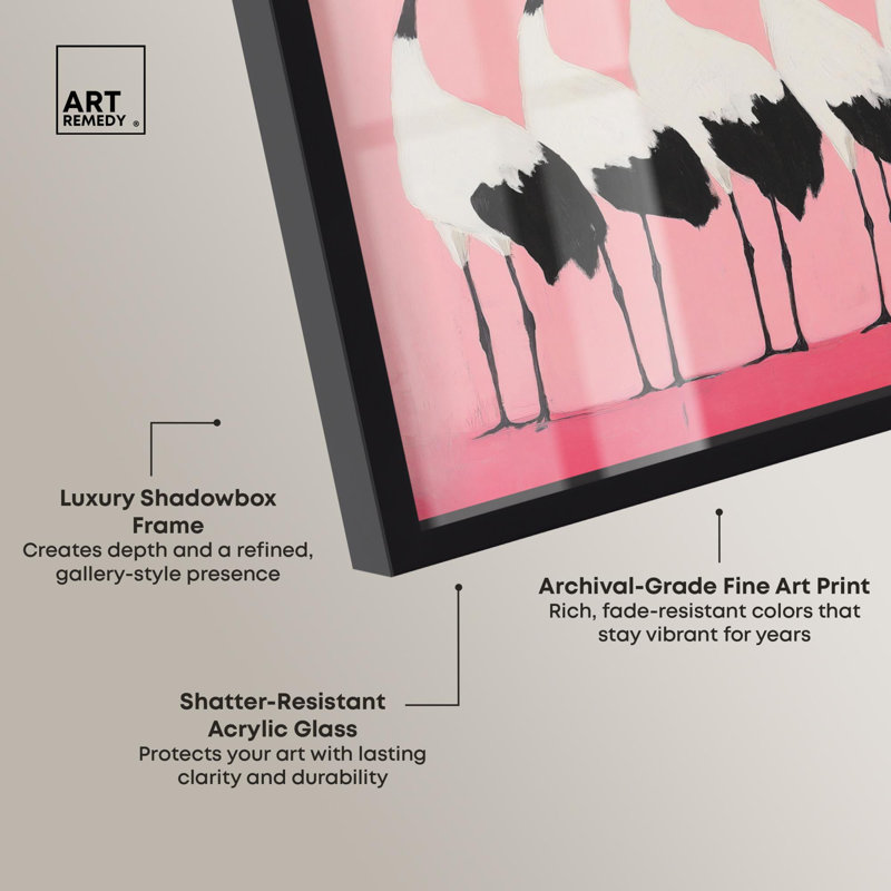 «Pink Plumage Parade Shadowbox» par Coastal Art, H 17 po x l 21 po, Noir