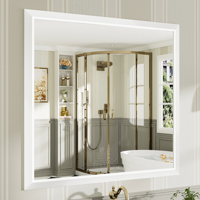 Miroirs de salle de bain modernes et contemporains en métal biseauté rectangulaire / carré avec verre trempé HD, Blanc