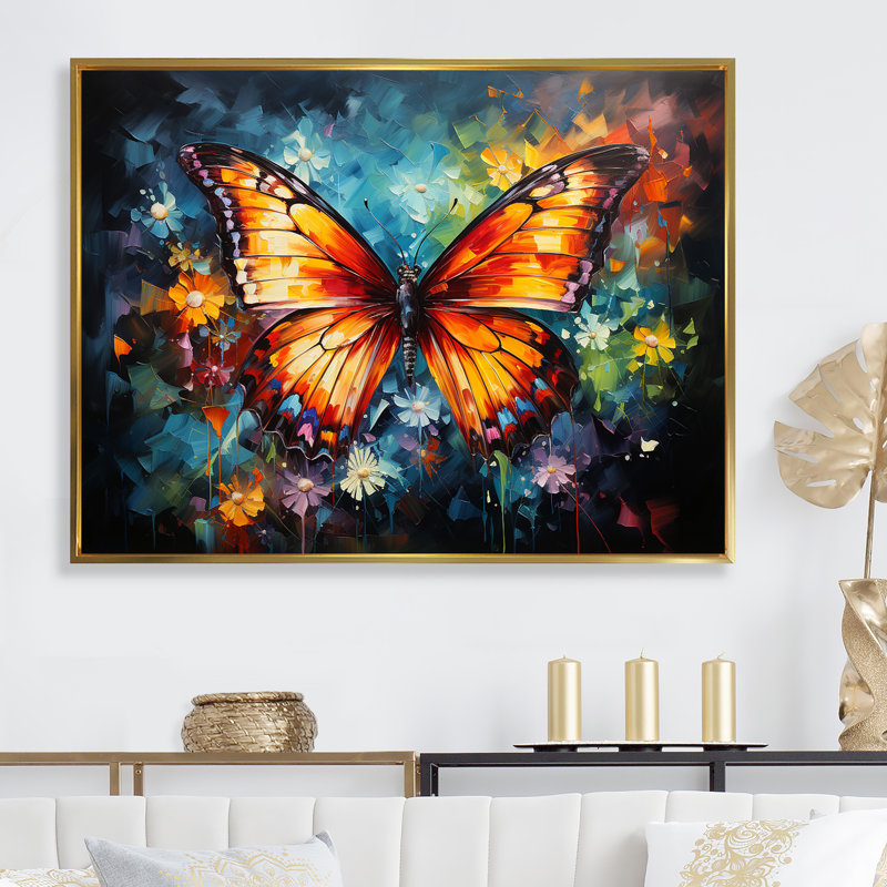 Couleurs intenses célébrant les papillons - salon d'art mural papillon, H 16 po x l 32 po x P 1 po, Cadre flottant doré