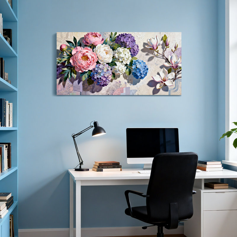 Bouquet de plantes et de fleurs avec pivoines et hortensias, H 28 po x l 58 po