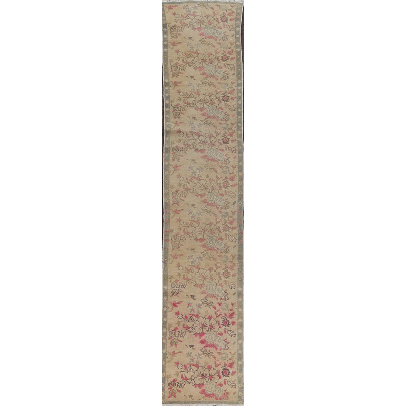 Tapis de couloir beige en laine noué à la main de conception unique 1 pi 9 po x 10 pi 3 po New Age