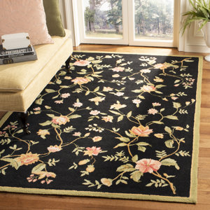 Jonsson Floral Handmade Looped Wool Black Area Rug