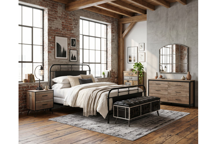 industrial-style bedroom in a loft apartment with exposed brick and concrete walls