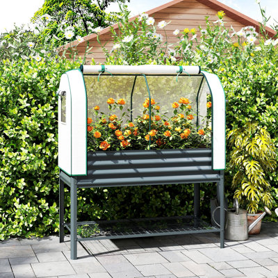 Lit de jardin surélevé galvanisé avec housse de serre, gris foncé