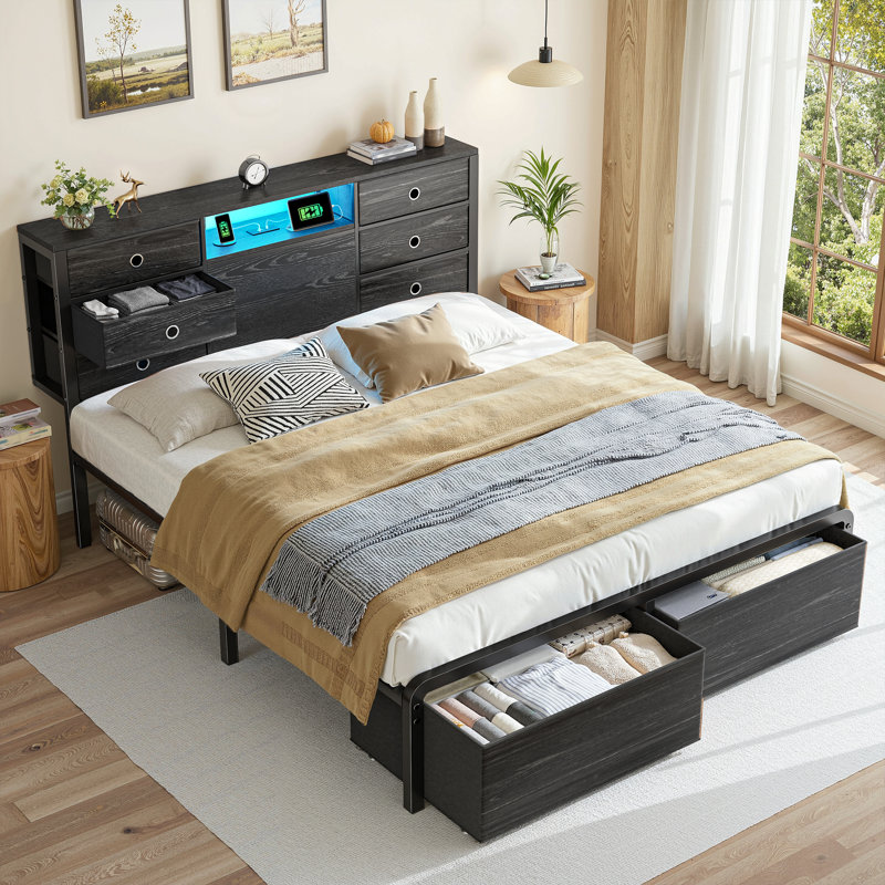 Structure de lit moderne avec tête de lit DEL, charge USB et tiroirs sous le lit - format double / grand / très grand, Queen
