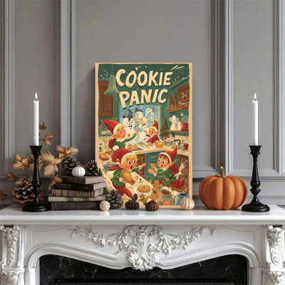 1 pièce d'art mural sur toile encadrée de lutins de Noël dans une scène de cuisine de biscuits chaotique, style rétro. Affiche murale décorative rétro pour la décoration intérieure, un cadeau parfait pour une œuvre d'art moderne convenant à tous! pour les chambres à coucher et les salons