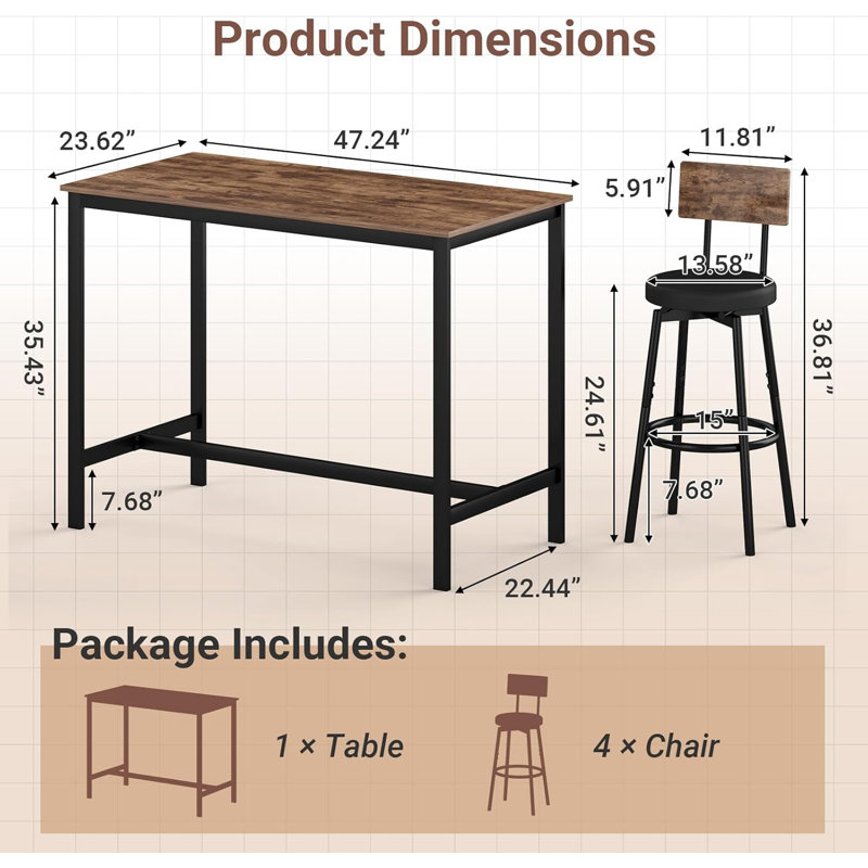 Bar Table Set With 4 Bar Stools PU Soft Seat, Brown/Black