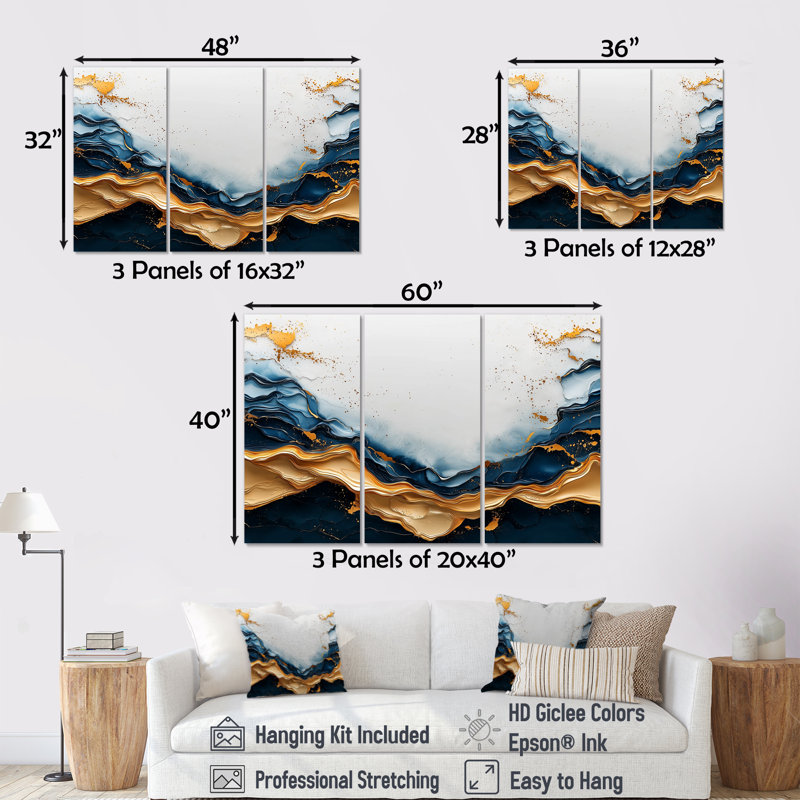 Golden Silence of Minimal Marble River IV - Art mural grand minimalisme - 3 panneaux, H 32 po x l 48 po, Toile tendue
