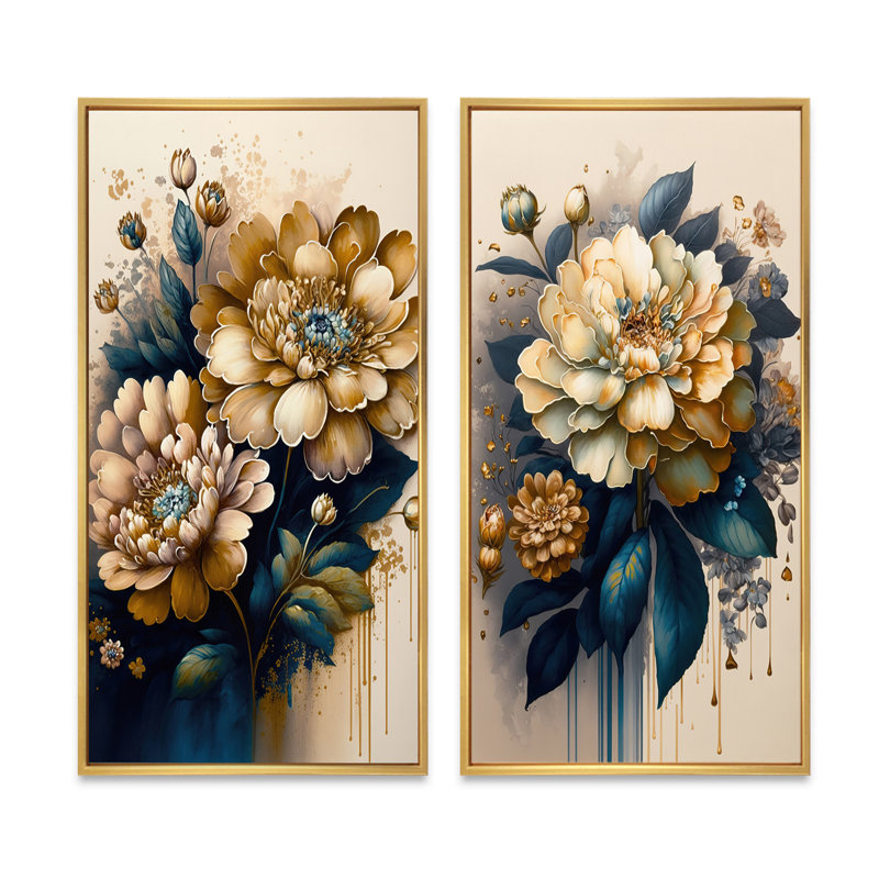 «Deep Yellow and Blue Zinnia Flowers», 2 pièces sur toile, Encadrement doré, H 20 po x l 24 po