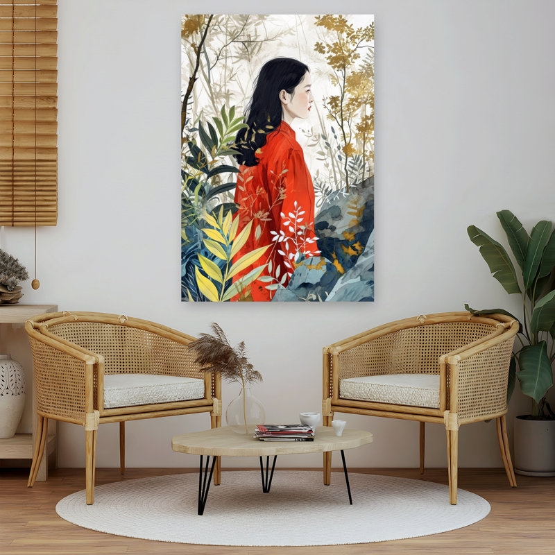 «Serene Woman Red Forest Dreamy Elegant Peaceful Forest Nature», art mural, H 60 po x l 40 po