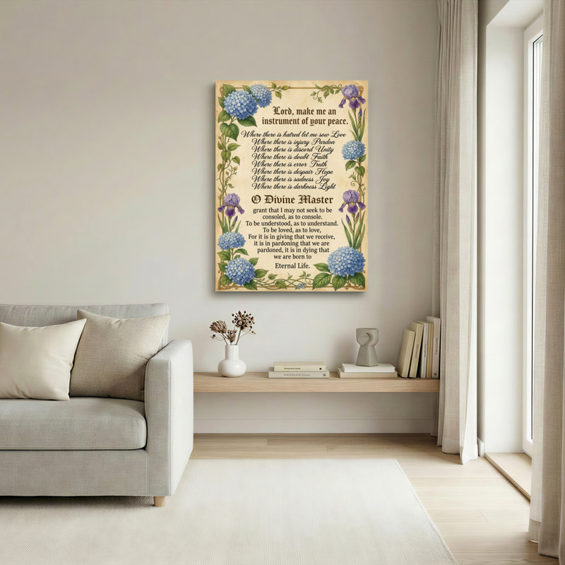Tableau sur toile tendue à motif floral d'hortensias bleus et d'iris violets, accompagné d'une prière pour la paix, idéal pour la décoration intérieure (salon, chambre ou église).