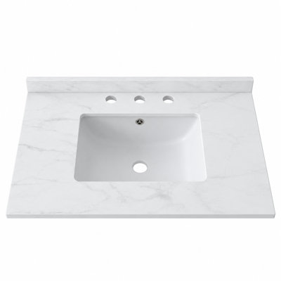 Plan de toilette en marbre artificiel blanc de Carrare 76 x 46 cm avec lavabo intégré à trop-plein et robinetterie à 3 trous (plan seulement).