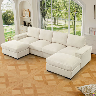 Loette 122"W Corduroy Modular U-shape Sectional, RAF, LAF, Ottomans, Storage Armrests