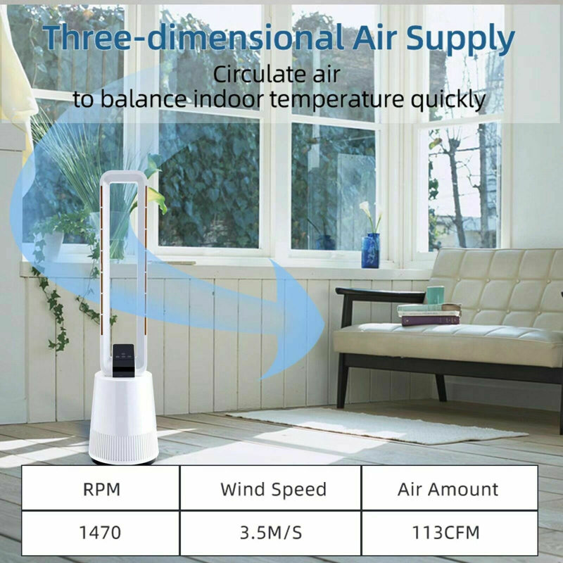 Ventilateur tour simple Deluxe 38 pouces, minuterie 3 vitesses et 15 heures, ventilateur sans lame à 45 oscillations, avec télécommande, ventilateur de circulation d'air pour la pièce, blanc