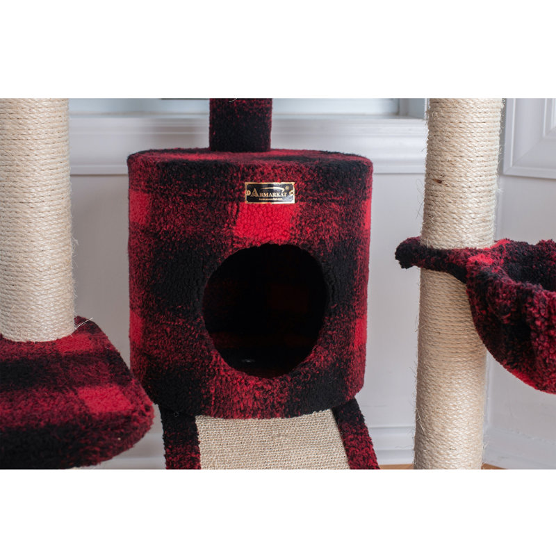 58'' Red and Black Plaid Sisal Cat Tree with Condo and Ramp