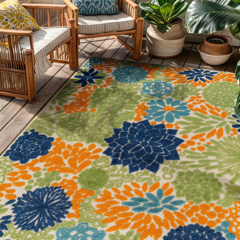 Floral Beige/Navy/Teal/Green/Orange Indoor/Outdoor High-Low Area Rug, Rectangle 4' x 6', Multi/Beige