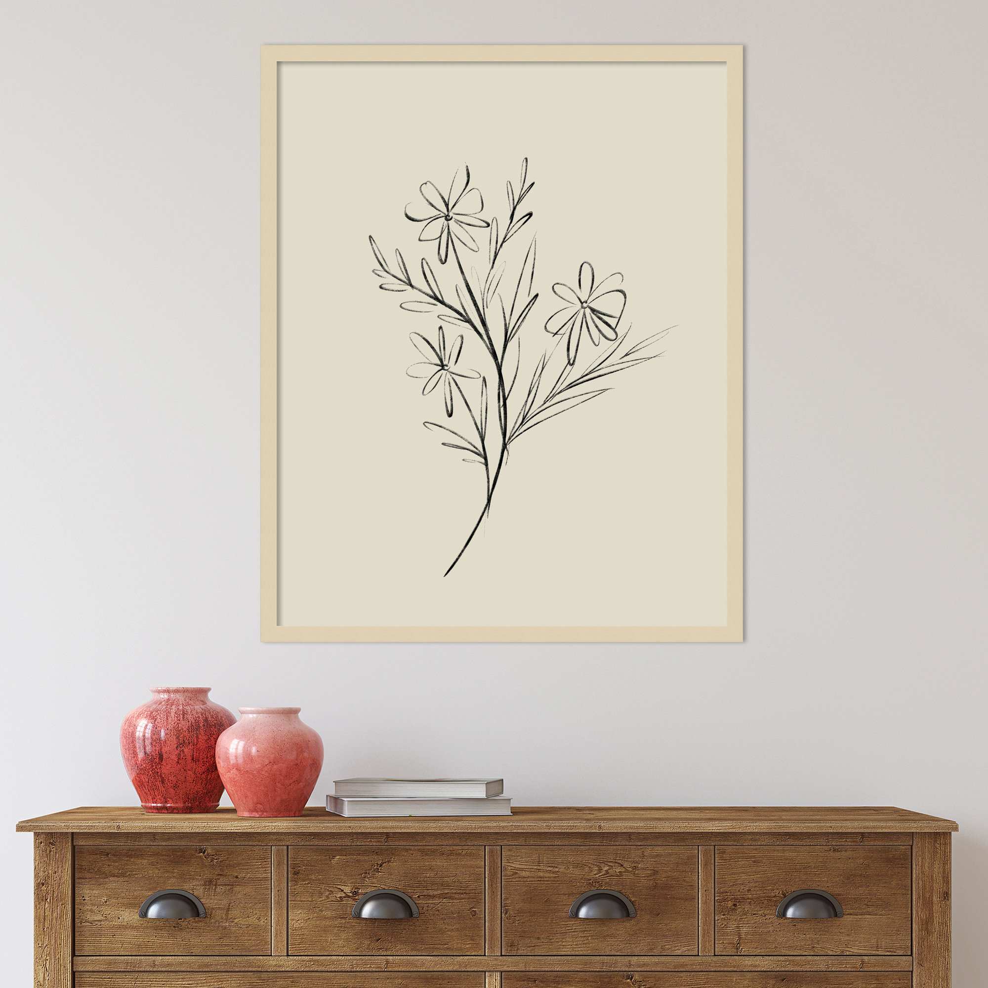 Line Drawn Flowers 1 by Border Bloom - Picture Frame Art, 27" W x 33" H x 1" D, Brown Framed