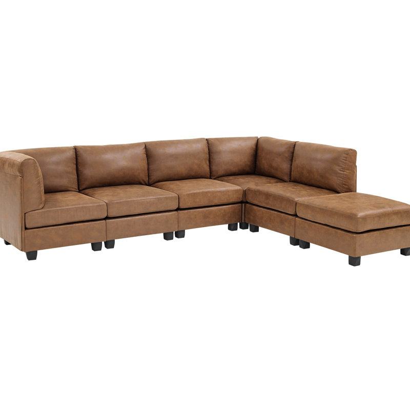 Canapé d'angle modulaire 6 places en similicuir, revêtement, pattes en plastique, dossier et coussins amovibles, largeur 229 cm, profondeur 305 cm, hauteur 88 cm, poids 121 kg, montage facile.