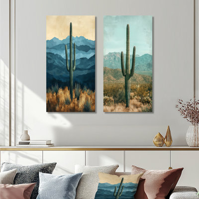 Cactus et montagnes I - Collection d'art floral sur toile 2 panneaux