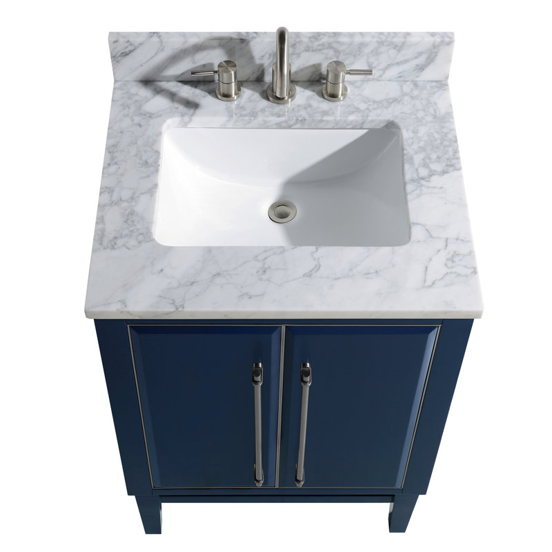 Mason 24" Single Bathroom Vanity with Carrara Marble Top, Navy Blue, Brushed Silver, Carrara White