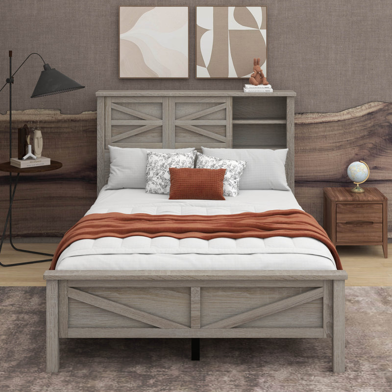 Lit plateforme double avec station de charge et porte de grange coulissante double, Gris antique, Lit double