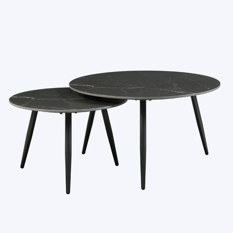 Black Sintered Stone and Metal 3-Piece Nesting Table Set