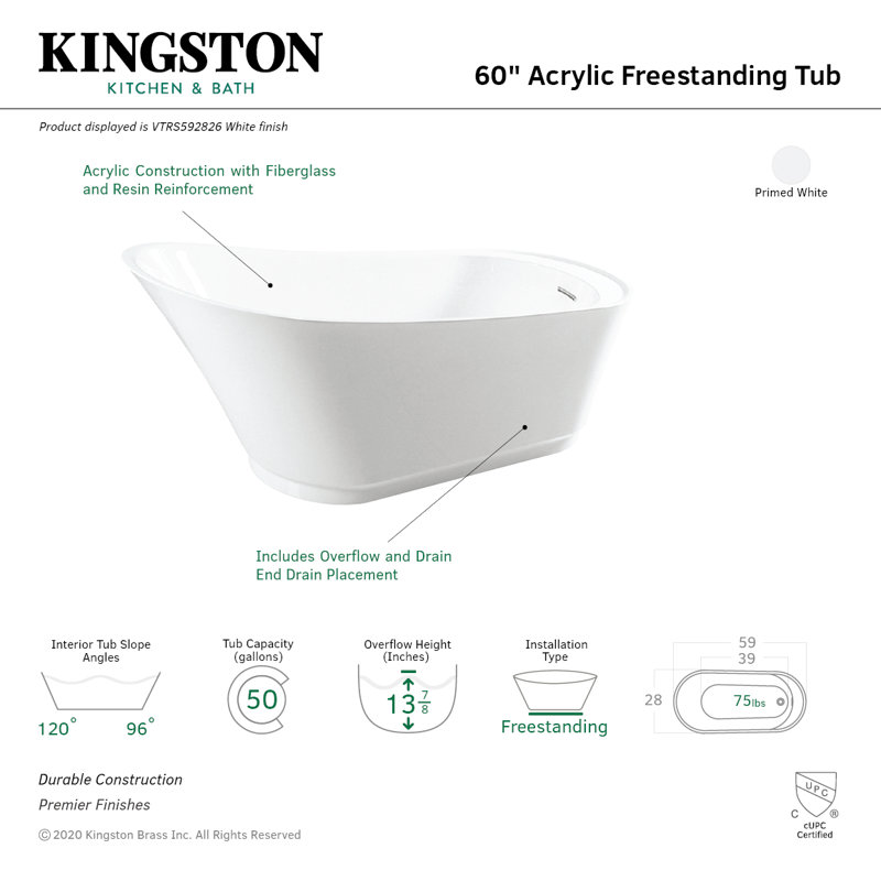 Kingston Brass Begonia 60-Inch Acrylic Oval Single Slipper Freestanding Tub with Drain