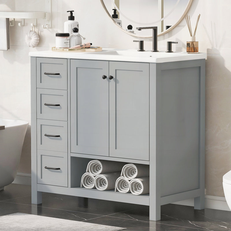 Meuble-lavabo 36 po avec comptoir d'évier, meuble-lavabo avec deux portes et deux tiroirs, Gris