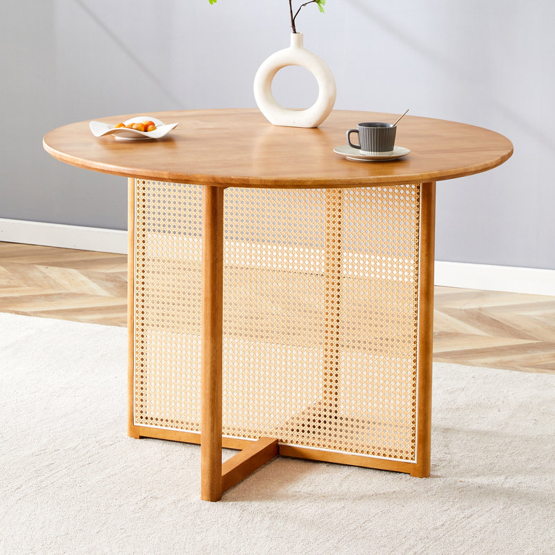 Chinese Countryside Retro Solid Wood Round Table: Simple Modern Imitation Rattan Design, Ideal For Dining Rooms, Living Rooms, Offices – A Versatile Wooden Table/Desk Blending Nostalgia And Contemporary Style