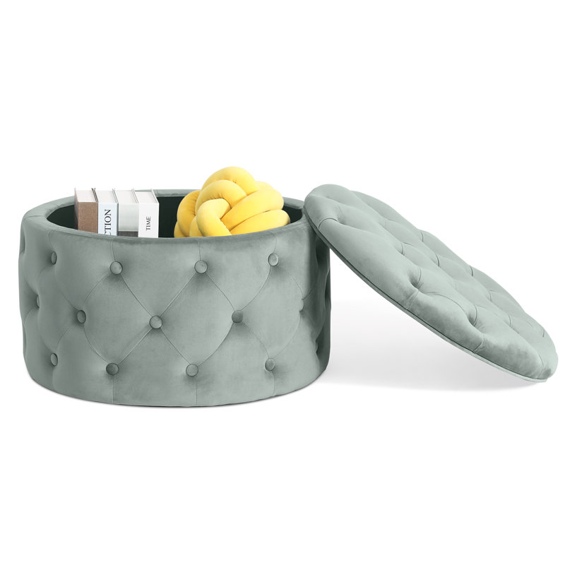 Gray Velvet Tufted Round Storage Ottoman