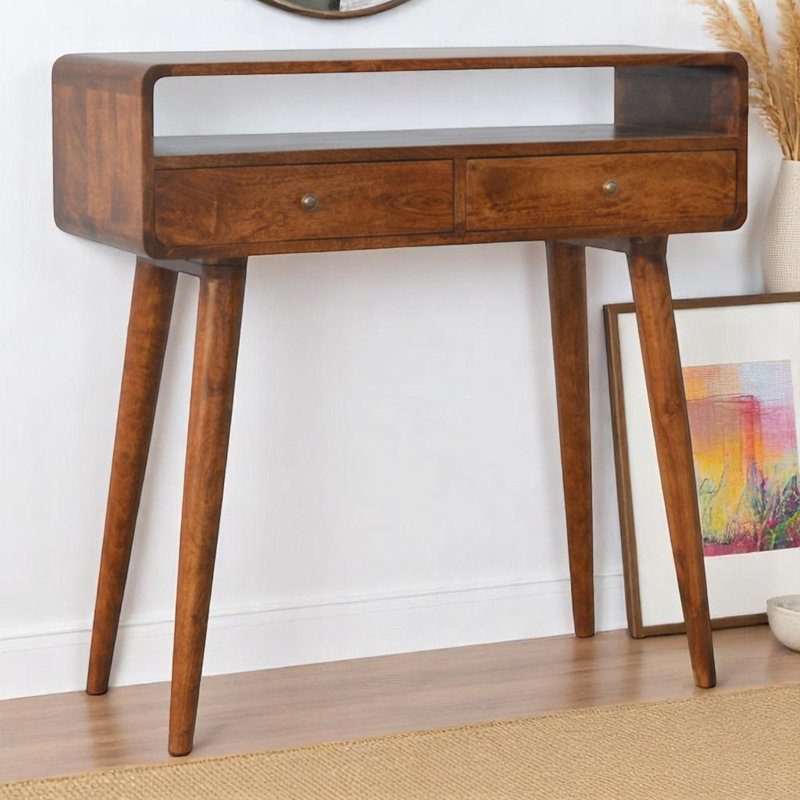 Console incurvée en châtaignier, 2 tiroirs, 1 rangement ouvert, brun, Châtaigne