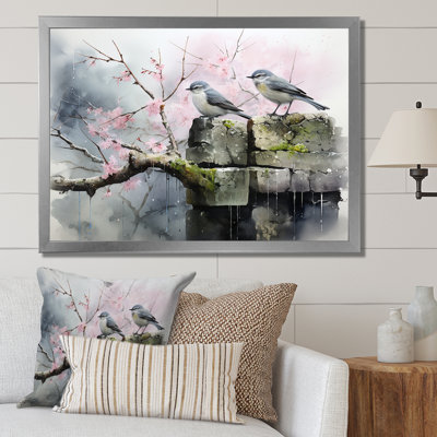 Grey And Pink Spring Songbirds Blooms - Landscape Wall Art