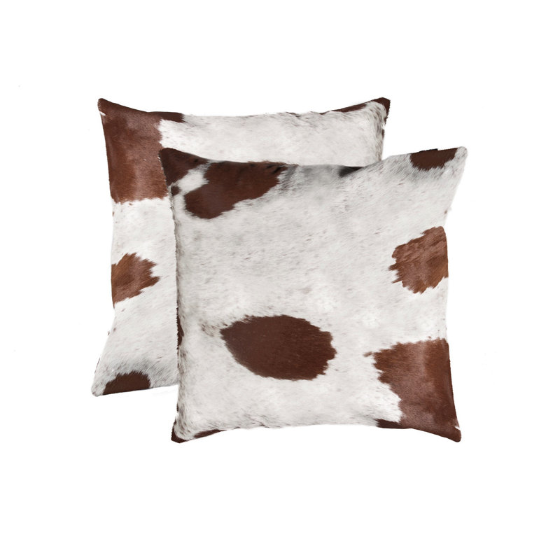 Set of Two 18" Cowhide Throw Pillows, White/Brown