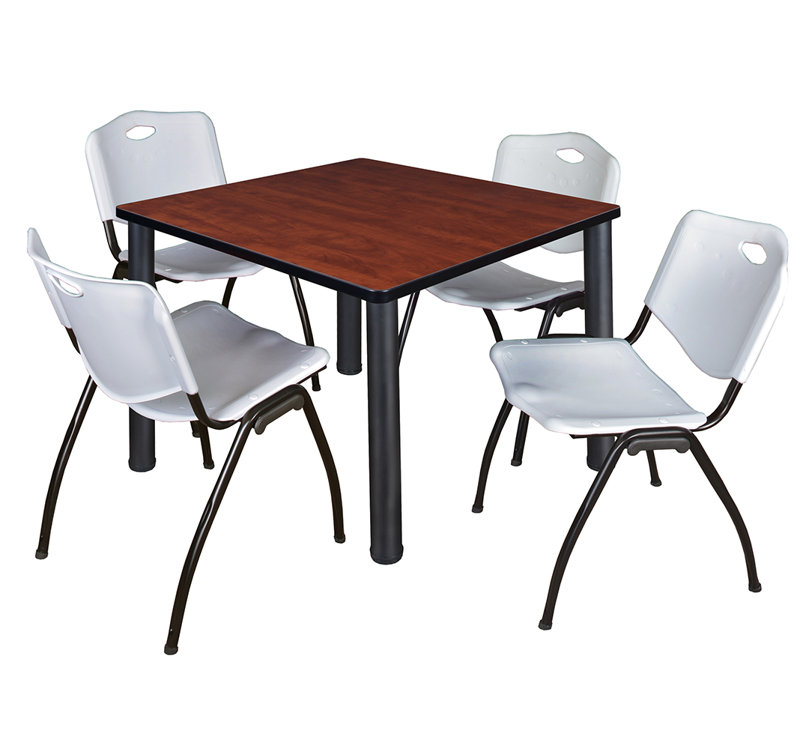 Kee Square Breakroom Table Top, 4 M Stack Chairs, 30" H x 29" W x 29" D, Black, Cherry