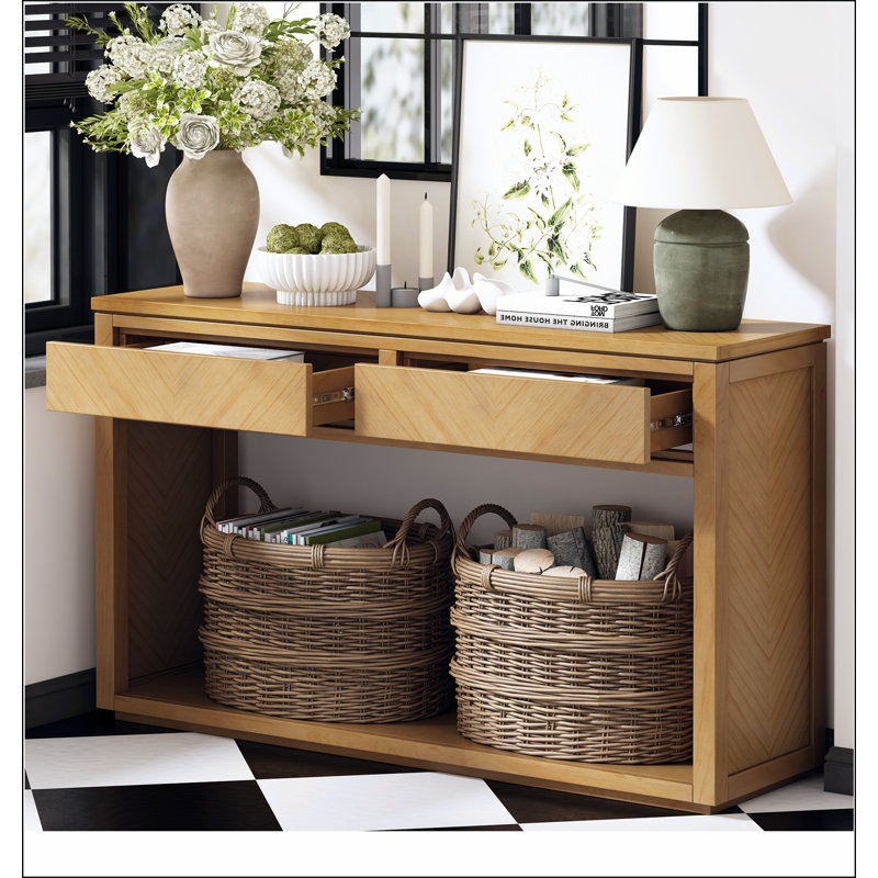 Console de 55 po, table d'entrée en bois rustique avec tiroirs de rangement et tablette ouverte, table de canapé élégante pour le couloir et le salon