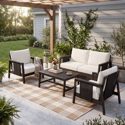 Ensemble de canapé d'extérieur 4 pièces, structure en bois d'acacia avec textilène noir et coussins blancs hydrofuges, finition gris foncé pour patio